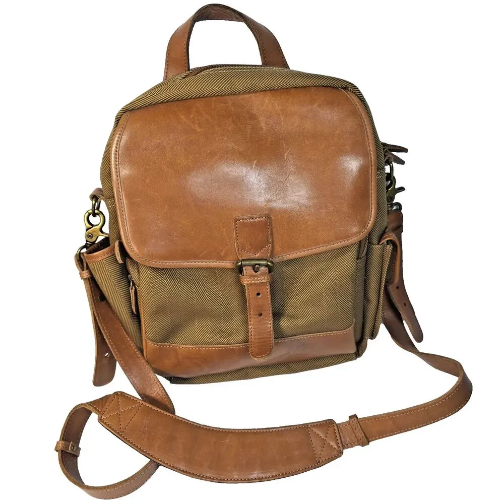 L.L. Bean Canvas Leather Crossbody Messenger Bag Brown Herringbone Travel Field